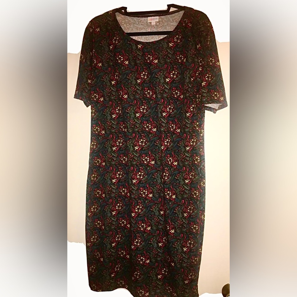 ♠️ LulaRoe “Julia” Gray, Red, Gold Floral Short Sleeve Midi Pencil Dress Size XL